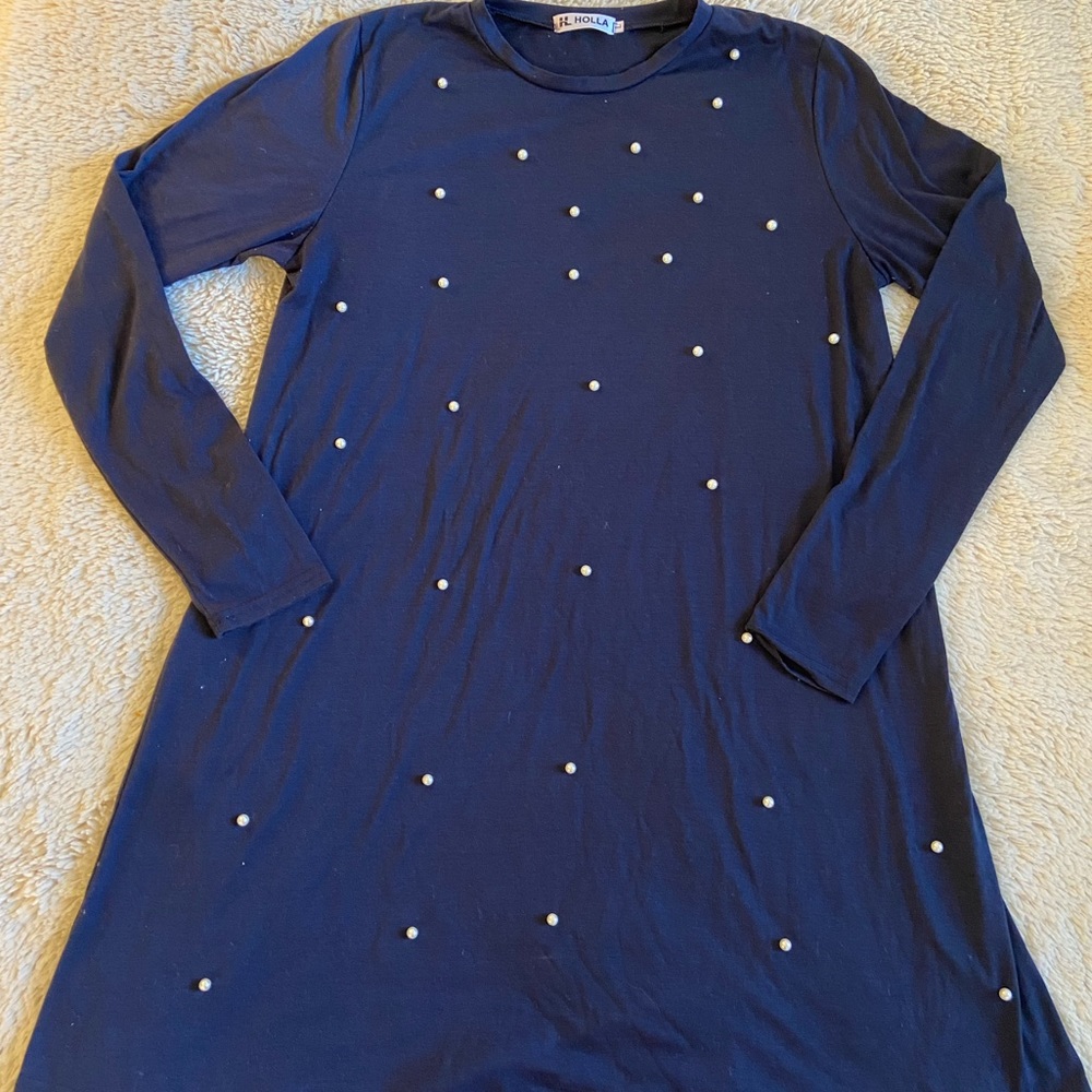 Navy Pearled Smock Dress